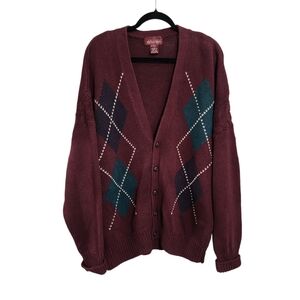 Vintage Mens Cardigan Sweater L Argyle Cotton Ramie Oversized Grandpa Preppy